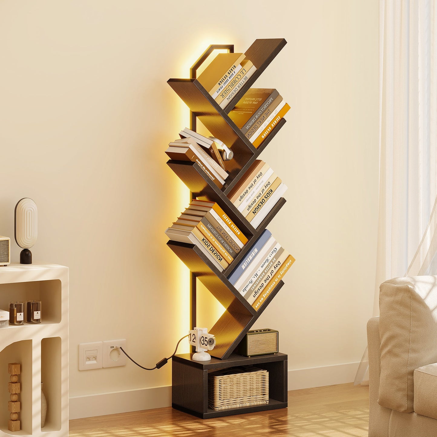Casacomoda 6-Tier Tree Floor Lamp with Integrated LED Shelving, Modern Display Stand for Living Room & Home Office, Black