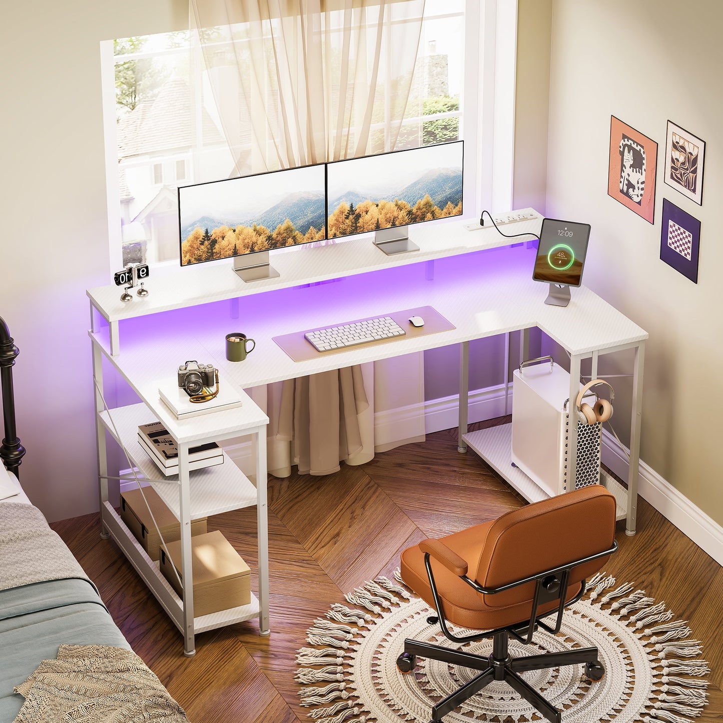 Casacomoda 48 inch U-Shaped Gaming Desk with Power Outlet & LED Lights, Home Ofiice Desk with Monitor Stand,Computer Desk with 4 Open Shelves, White