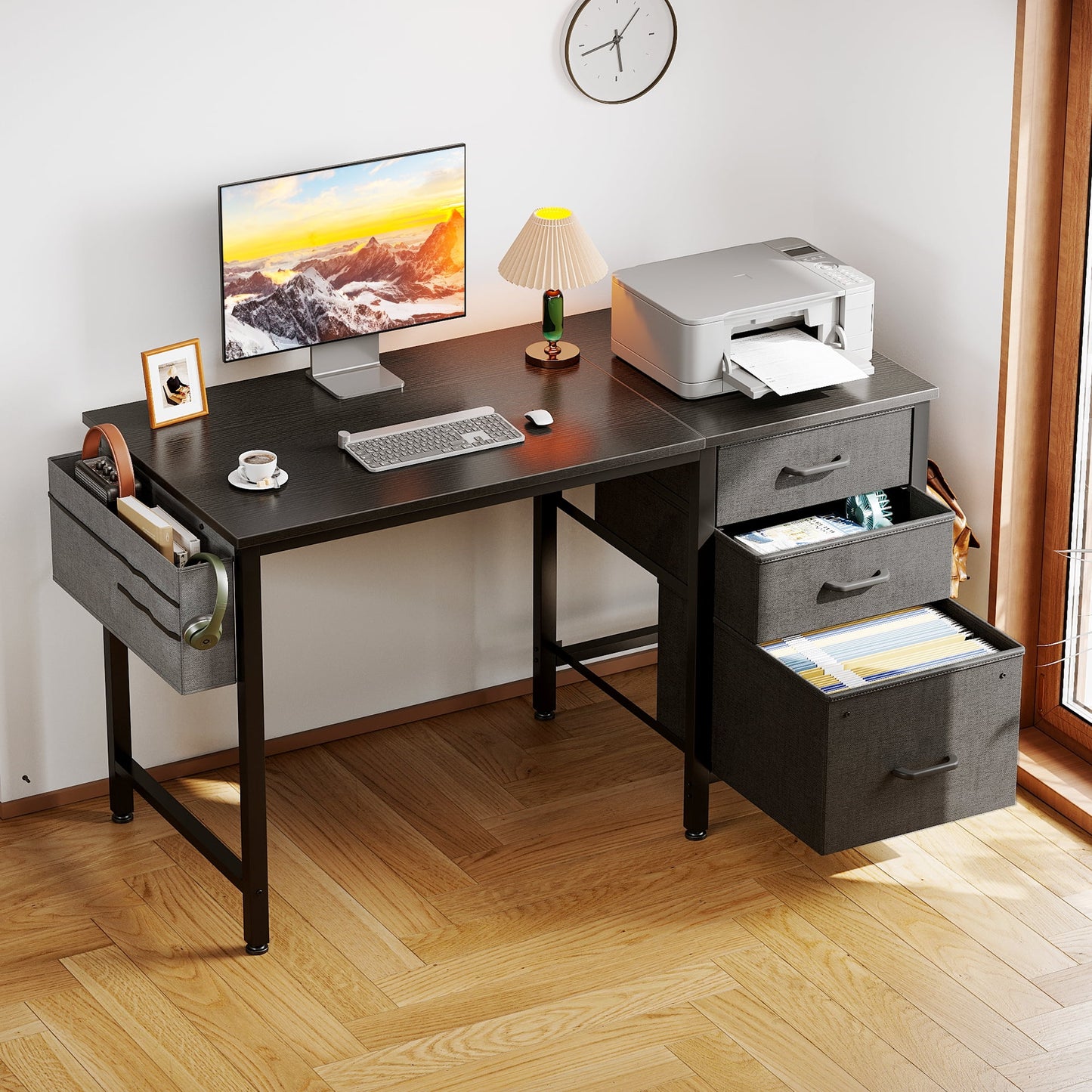 Casacomoda 40 inch Computer Desk with Fabric Drawers & File Cabinet, Home Office Desk with Cloth Storage Bag and Hook, Vanity Desk for Bedroom, Black