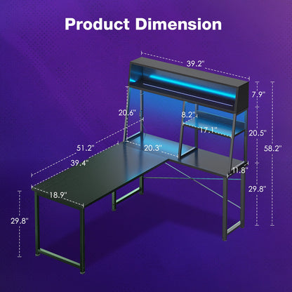 Casacomoda 51 Inch L Shaped Gaming Desk with LED Lights & CPU Platform, Reversible Computer Desk with Display Shelves, L Desk with Storage Bag for Game, Black