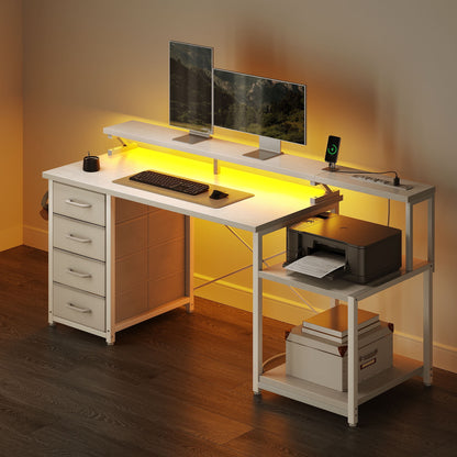 Casacomoda 55 Inch Computer Desk with USB Ports and Power Outlets, Printer Shelf & Built-in LED, 4 Drawers & Storage Shelf, Home Office Desks, White