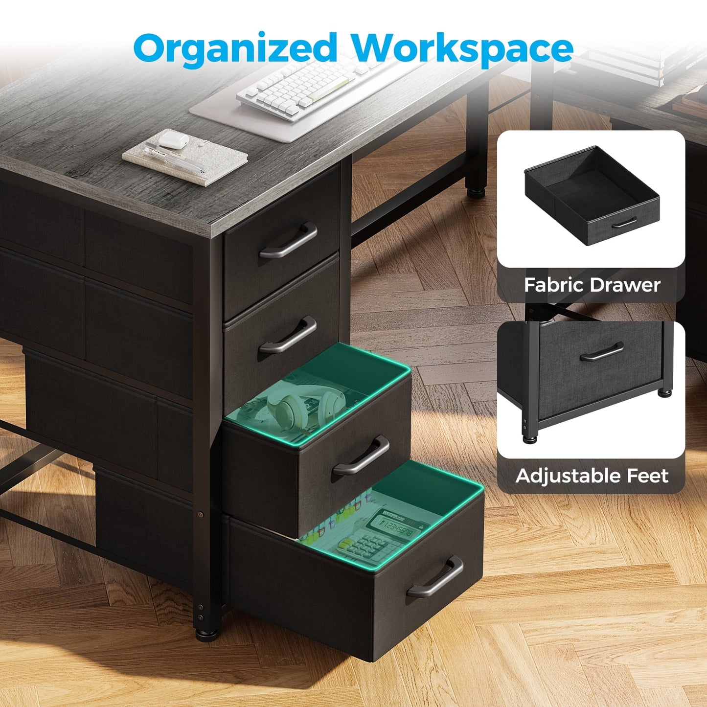 Casacomoda 55 inch Computer Desk with 5 Drawers and File Cabinet for Storage, Office Desk with Storage Shelf & Power Outlets, Home Office Desks, Gray Oak