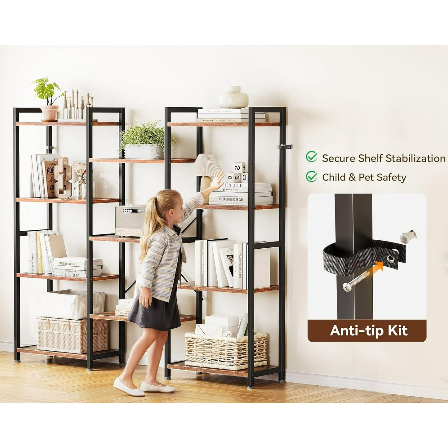Casacomoda Triple Wide 4 Tier Bookshelf, Rustic Industrial Style Bookcases with 15 Open Display Shelves, Modern Tall Bookcase Furniture for Bedroom, Living Room and Home Office, Rustic Brown