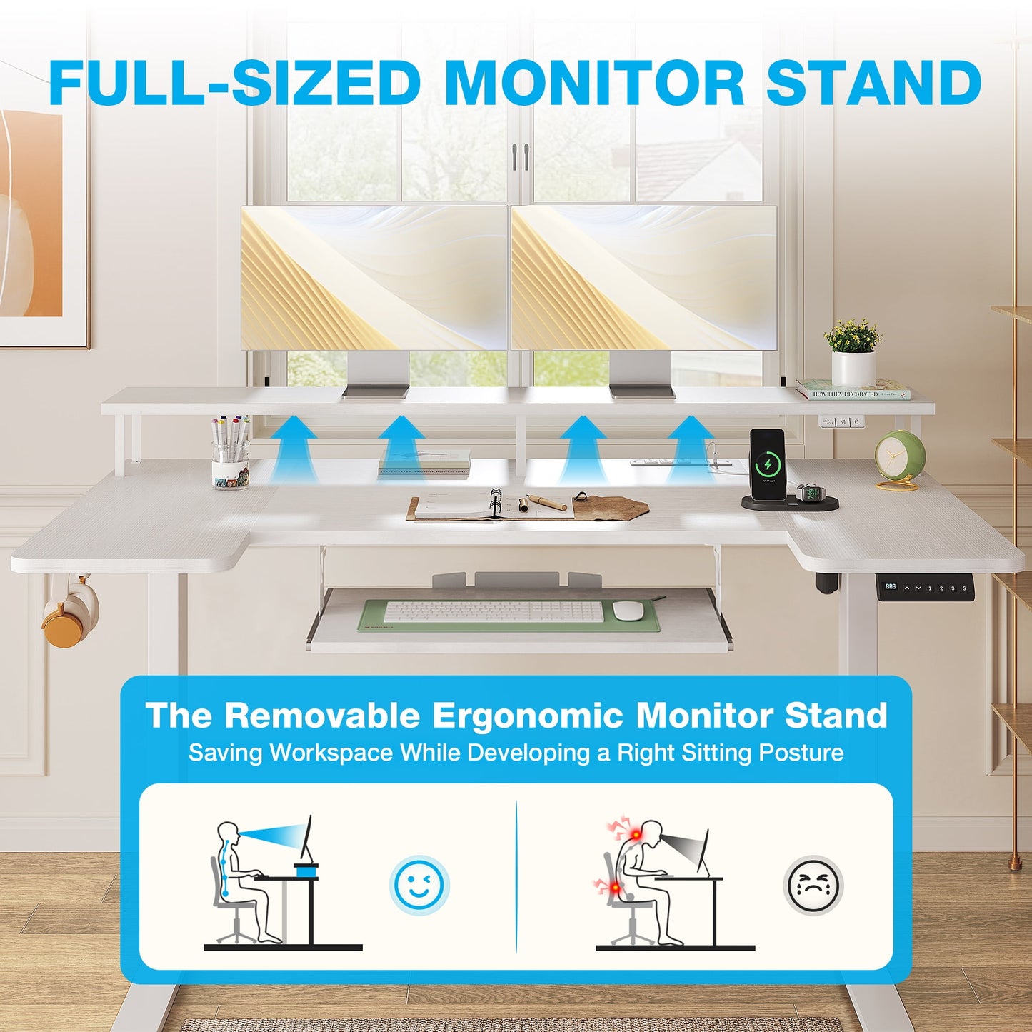 Casacomoda 55 Inch U-Shaped Electric Standing Desk with Power Outlets & LED Lights, Height Adjustable Desk with Keyboard Tray, Sit Stand Table with Monitor Stand for Home, Office, White