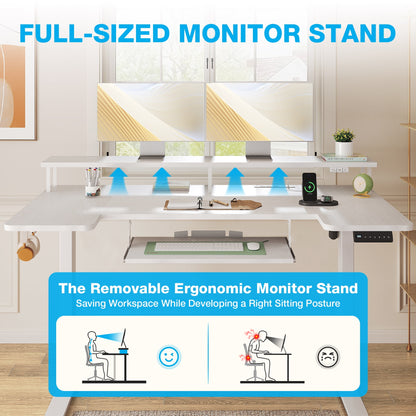 Casacomoda 55 Inch U-Shaped Electric Standing Desk with Power Outlets & LED Lights, Height Adjustable Desk with Keyboard Tray, Sit Stand Table with Monitor Stand for Home, Office, White