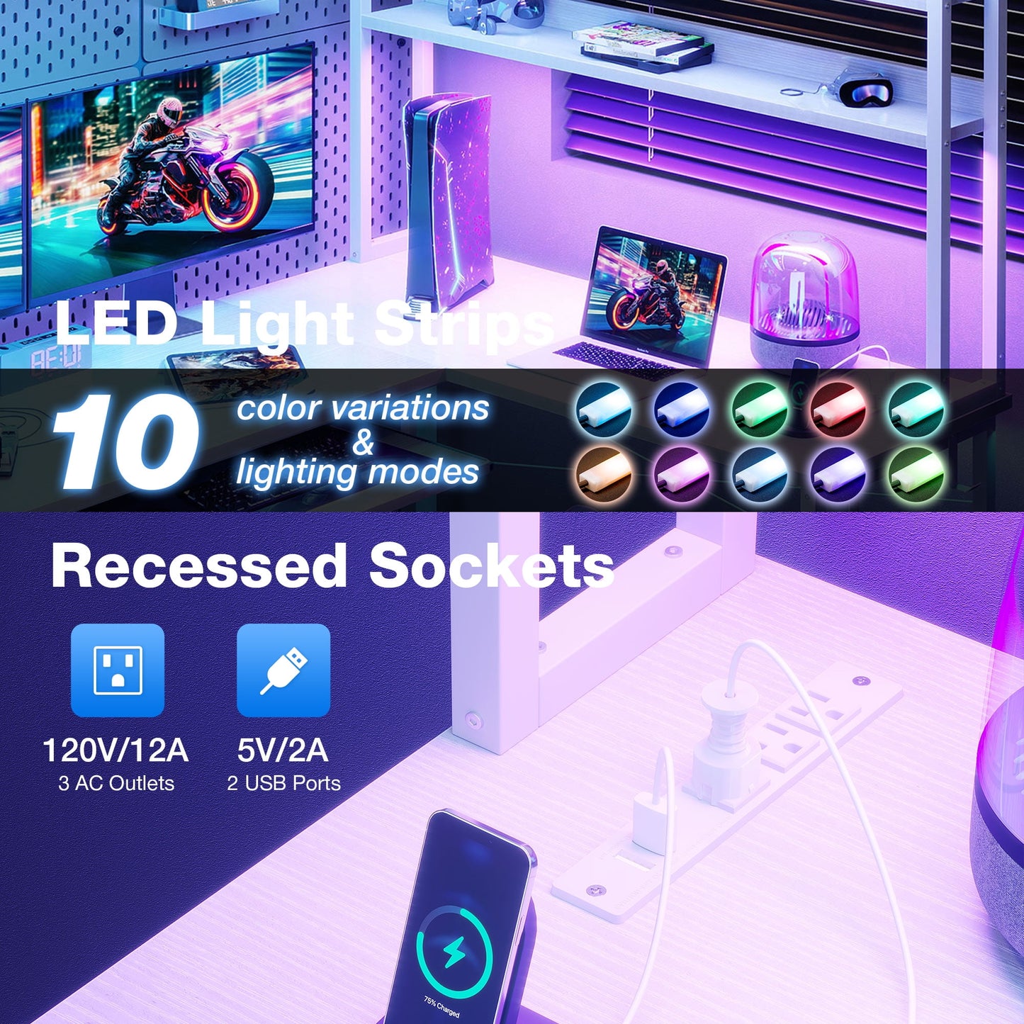 59" Reversible L-Shaped Gaming Desk with Power Outlets & LED Lights, Office Desk with Storage Drawer & Keyboard Tray for Home Office, Corner Computer Desk with Hutch, White