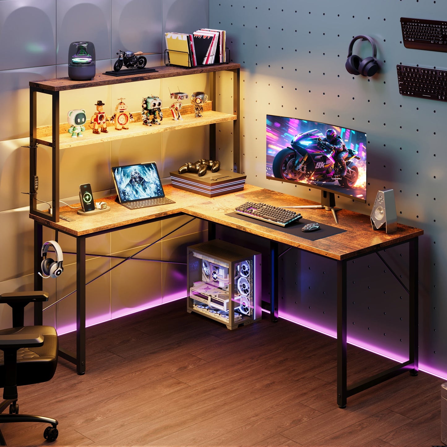 Casacomoda 43 Inch L Shaped Desk with LED Light & Power Outlet, Reversible L Shaped Computer Table with Shelf & Storage Bag & Hook for Home Office, Vintage