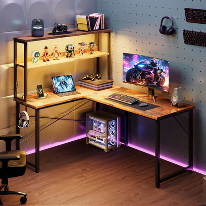 Casacomoda L Shaped Gaming desk, 43 Inch Computer Desk with Shelves, Reversible Display Shelf Corner Desk with Led Light & Charging Station, Vintage