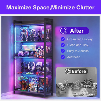 Casacomoda RGB Gaming Glass Display Case for Collectibles, Music Sync Lighted Display Shelf with 4+1 Shelves, 5-Strip LED with Controller, Display Cabinet for Figures, Game Setup& Curio, Black