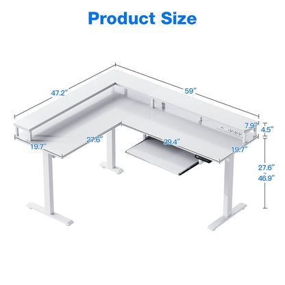 59" L-Shaped Electric Standing Desk, Single-Motor Height Adjustable Corner Desk with Full Monitor Shelf and Spliced Desktop for Home Office & Gaming,White