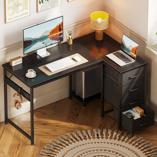 Casacomoda 40 inch Computer Desk with 4 Fabric Drawers — Home Office Desks with Storage, Writing Desk with Side Hook, Desk Study/Work Table for Bedroom and Small Space, Black