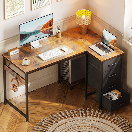 Casacomoda 40 inch Computer Desk with 4 Fabric Drawers — Home Office Desks with Storage, Writing Desk with Side Hook, Desk Study/Work Table for Bedroom and Small Space, Vintage