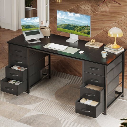 Black Computer Desk with Drawers for Storage - 55 inch Home Office Desk with 8 Fabric Drawers, Writing Study Desk with Drawers on Both Sides for Bedroom