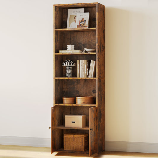 Tall Bookshelf and Bookcase, 6-Tier Wooden Bookshelves with Cabinet Doors, Floor Bookshelves and Office Storage Cabinets for Home Office, Living Room, Vintage