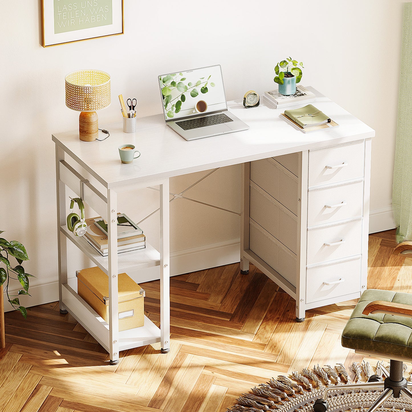 Casacomoda Computer Desk with Drawers & Storage Shelves, 40 Inch Corner Desk for Home Office Bedroom, Small Teen PC Desks with Fabric Drawer, White