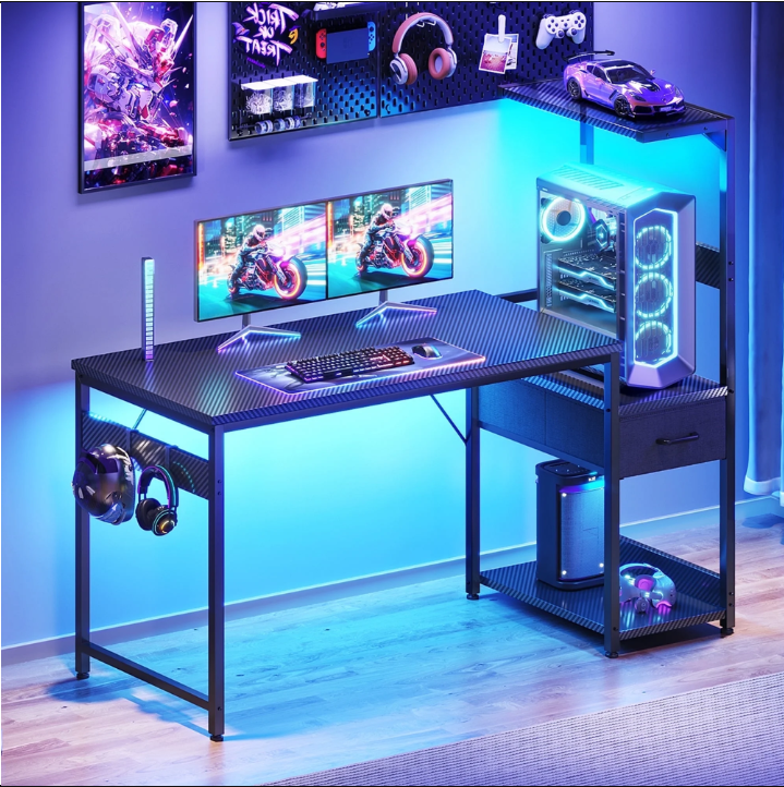 48" Gaming Desk with LED Lights & Storage Drawer, Reversible Computer Desk with Headphone Hook, Carbon Fiber Black