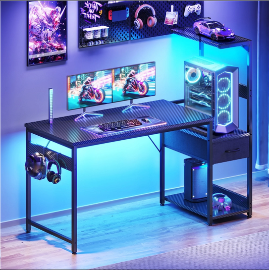 48" Gaming Desk with LED Lights & Storage Drawer, Reversible Computer Desk with Headphone Hook, Carbon Fiber Black