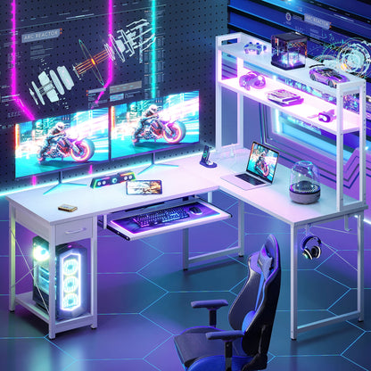 59" Reversible L-Shaped Gaming Desk with Power Outlets & LED Lights, Office Desk with Storage Drawer & Keyboard Tray for Home Office, Corner Computer Desk with Hutch, White
