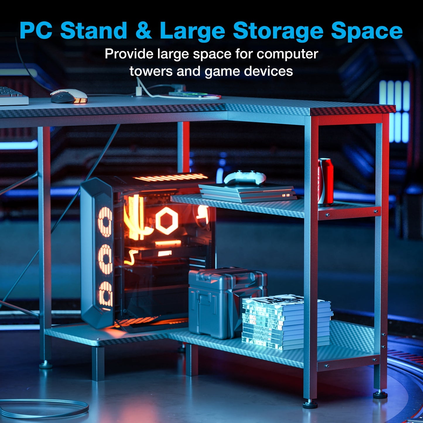 55 inch Large Office Desk with Storage Shelve, Gaming Table with Power Outlets for Large Spaces, Black Carbon