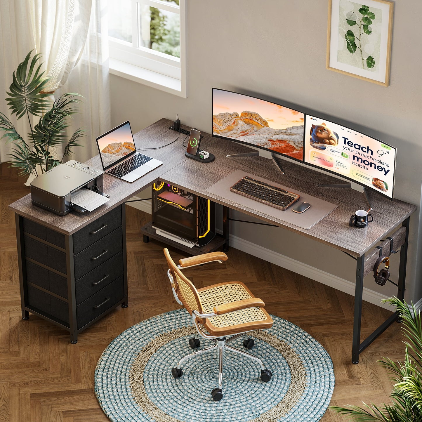 Casacomoda L Shaped Computer Desk with Charging Station, 61 inch PC Table Study Desk 4 Tier Drawers, Modern Simple Style Laptop Desk for Bedroom, Grey Oak