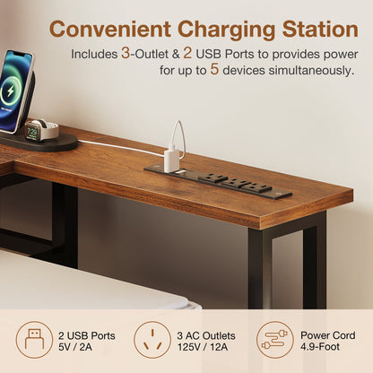 71 inch L Shaped Desk with File Drawers, Reversible L Shaped Gaming Desk with Power Outlets & LED Lights, Computer Desk with Storage Shelves for Home Office, Vintage