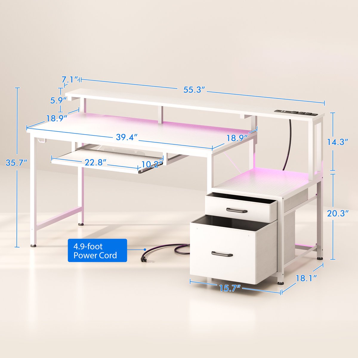 Casacomoda Computer Desk with Power Outlets, Workstation with Monitor Shelf & File Cabinet, Home Office Desk with LED Light & Print Stand, Reversible, White
