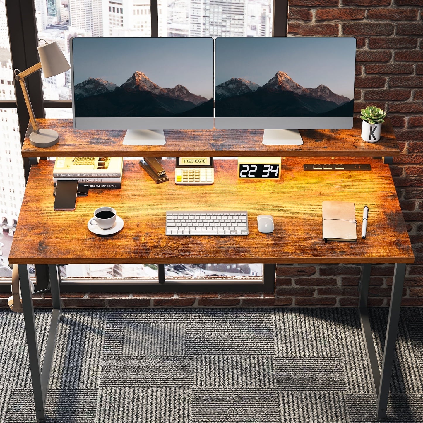 Casacomoda 48 inch Computer Desk with Monitor Stand, Home Office Desk with Charging Station & LED Light, Simple Modern Style Laptop Desk for Small Space, Vintage