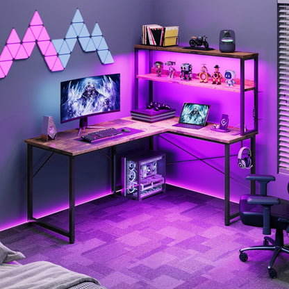 Casacomoda 43 Inch L Shaped Desk with LED Light & Power Outlet, Reversible L Shaped Computer Table with Shelf & Storage Bag & Hook for Home Office, Vintage