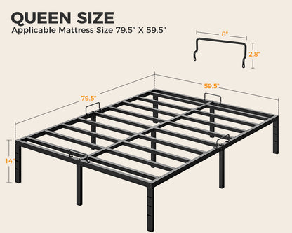 Casacomoda Queen Size Bed Frame, 14 inch Metal Bed Frame with Storage Space, Heavy Duty Sturdy Mattress Foundation, Easy Assembly, No Box Spring Needed, Black