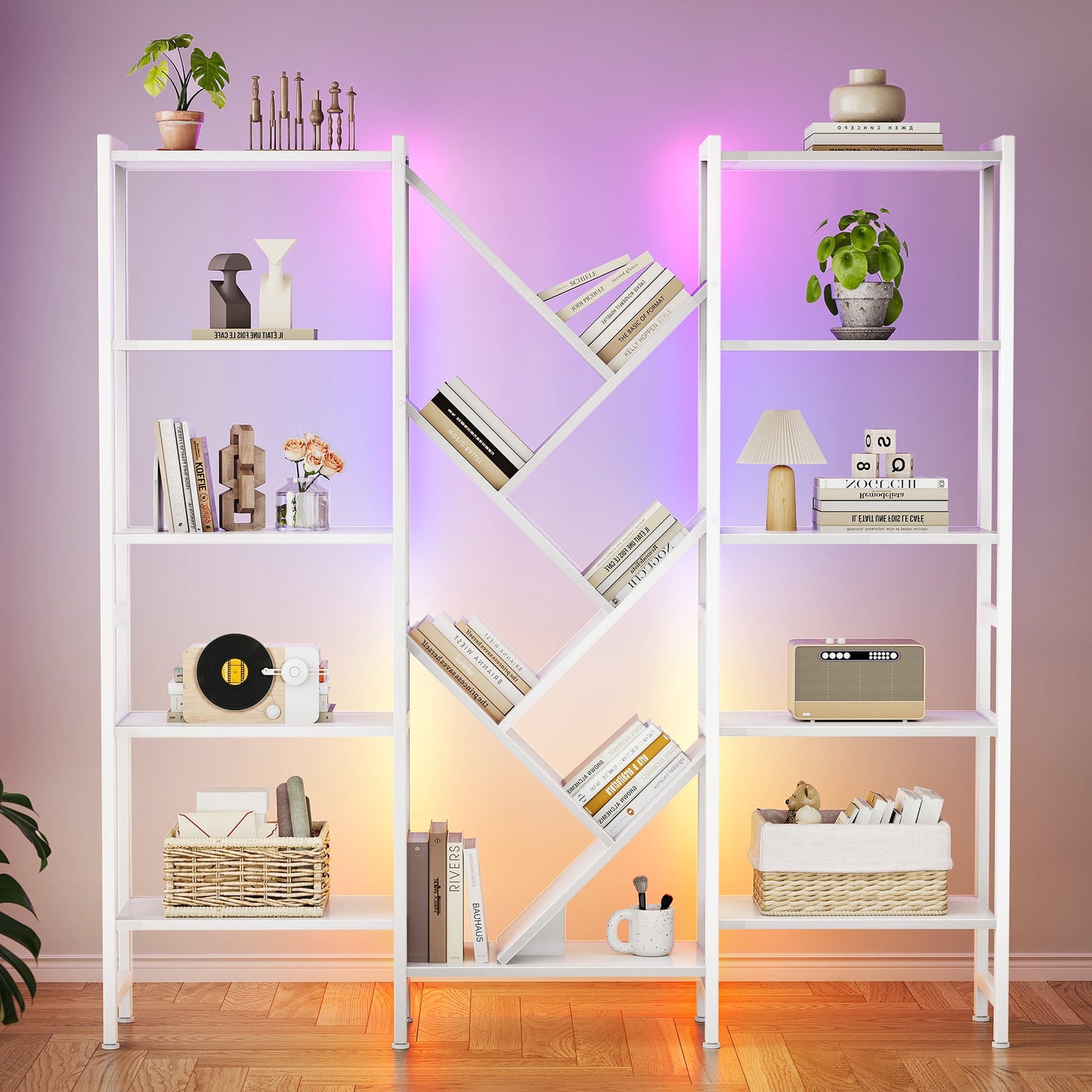 Triple 5-Tier Bookshelf with LED Lights for Living Room, 17 Open Shelves Large Bookcase with App Control RGB Light Strip, Modern Tree Design Storage Shelf with Metal Frame, White