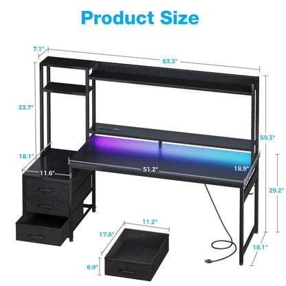 Casacomoda 63" Gaming Desk with Hutch and Drawers, RGB LED Lights, Computer Desk with Power Outlets for Home Office, Black