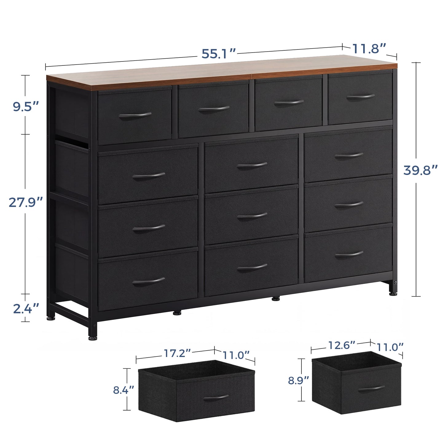 Casacomoda 55-Inch Wood Dresser with 13 Storage Drawers, Large Bedroom Dresser and TV Stand, Black and Vintage