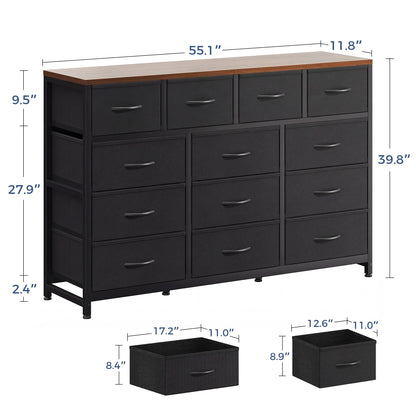 Casacomoda 55-Inch Wood Dresser with 13 Storage Drawers, Large Bedroom Dresser and TV Stand, Black and Vintage
