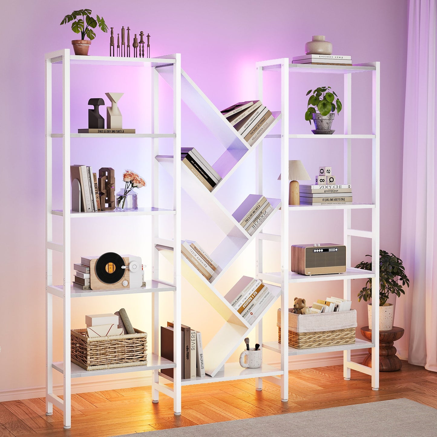 Triple 5-Tier Bookshelf with LED Lights for Living Room, 17 Open Shelves Large Bookcase with App Control RGB Light Strip, Modern Tree Design Storage Shelf with Metal Frame, White