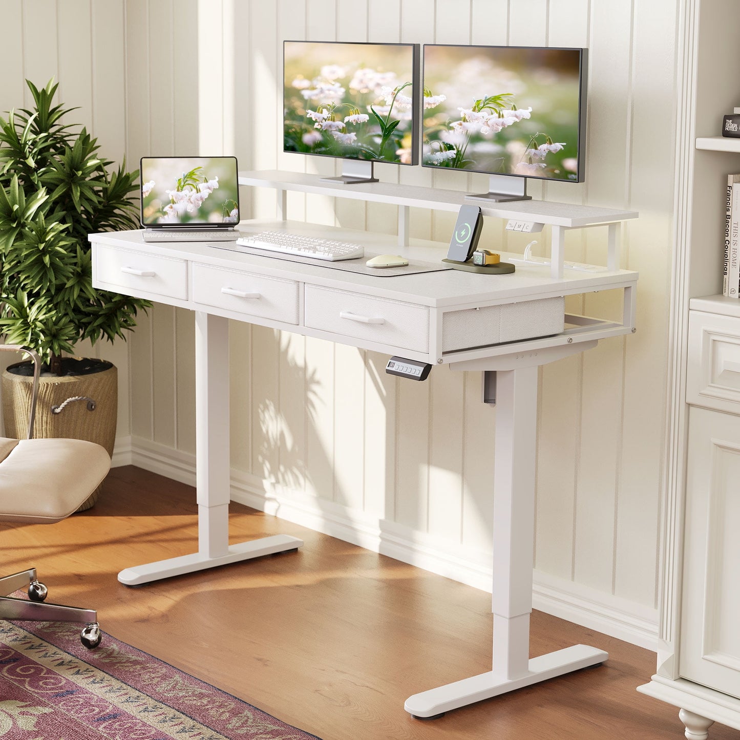 Casacomoda 48“ Electric Standing Desk with Power Outlets and LED Lights, Adjustable Height Sit Stand Desk with Monitor Shelf & 3 Fabric Drawers for Home Office, White