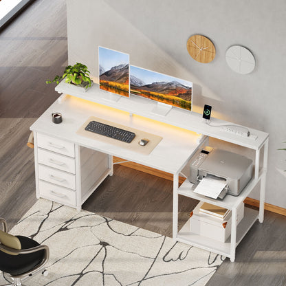 Casacomoda 55 Inch Computer Desk with USB Ports and Power Outlets, Printer Shelf & Built-in LED, 4 Drawers & Storage Shelf, Home Office Desks, White