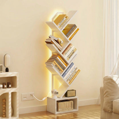 Casacomoda 6 Tier Tree Bookshelf, Bookcase with LED Lights, Display Floor Standing Storage Shelf, Book Organizer Shelves for Home Office, Living Room, White
