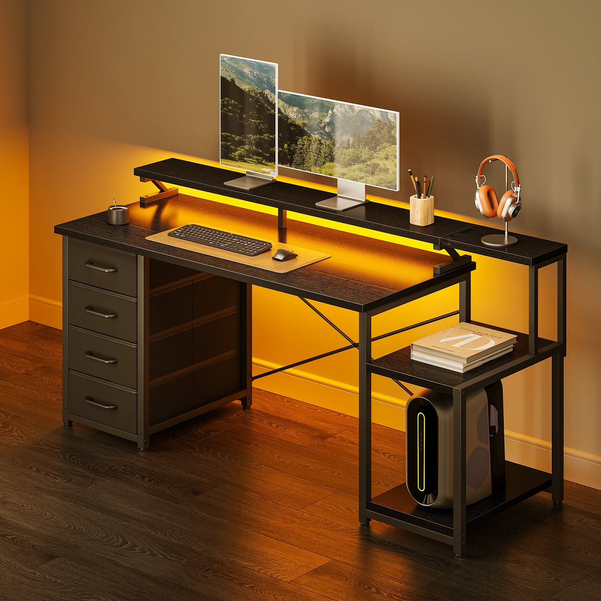 Casacomoda 55 Inch Computer Desk with LED Light, Monitor Stand, Desk with 4 Drawers, Home Office Desk with Storage Shelves, White Office Desks, Black