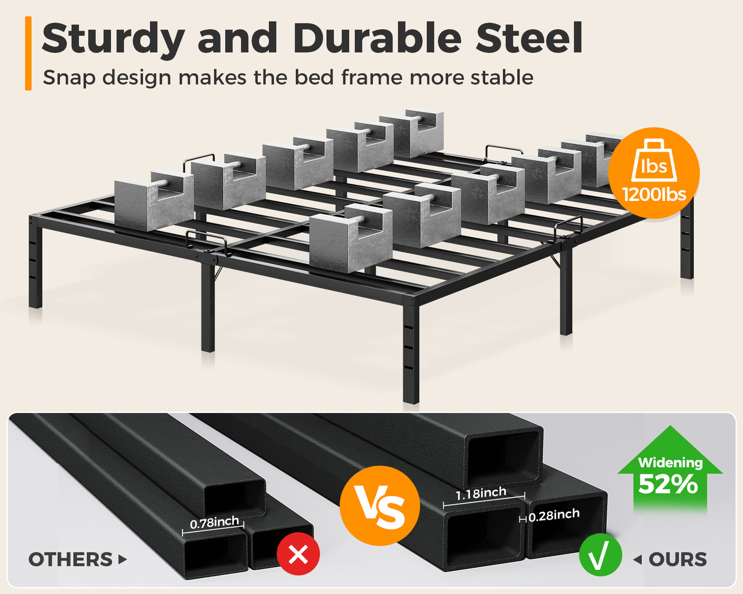 Casacomoda King Size Bed Frame, 18 inch Metal Bed Frame with Storage Space, Heavy Duty Sturdy Mattress Foundation,Easy Assembly, No Box Spring Needed, Black
