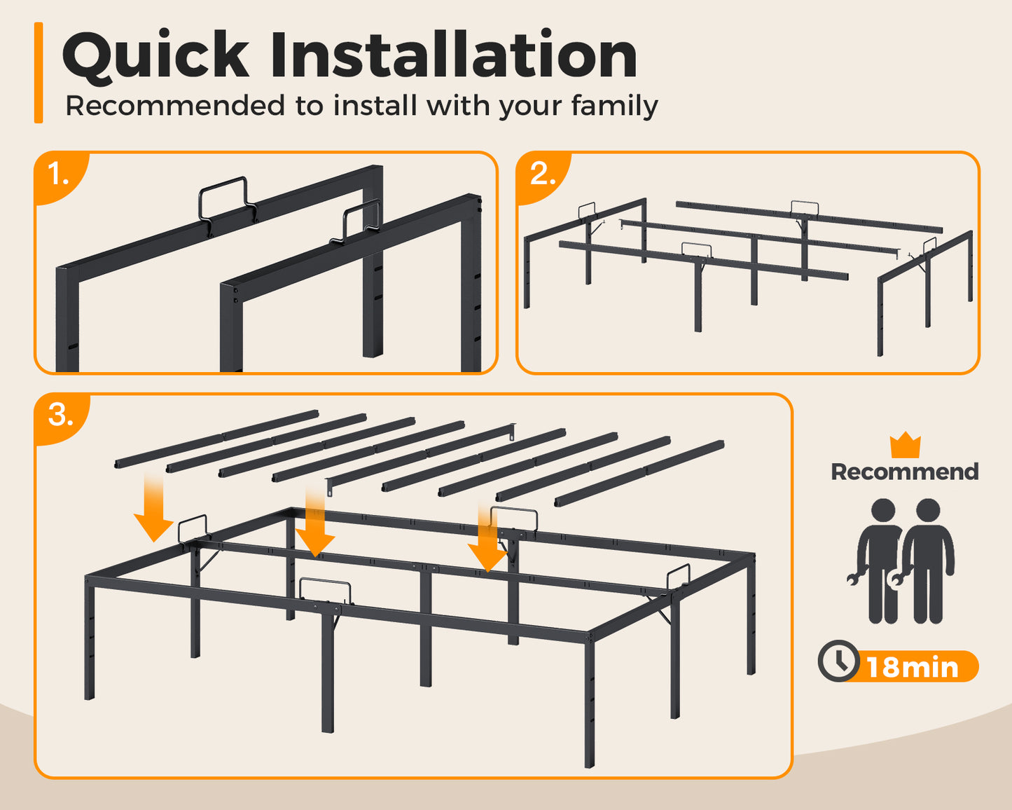Casacomoda King Size Bed Frame, 18 inch Metal Bed Frame with Storage Space, Heavy Duty Sturdy Mattress Foundation,Easy Assembly, No Box Spring Needed, Black