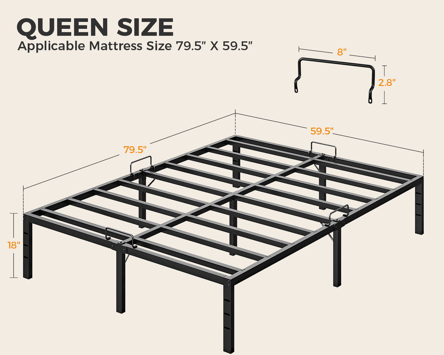 Casacomoda Queen Size Bed Frame, 18 inch Metal Bed Frame with Storage Space, Heavy Duty Sturdy Mattress Foundation,Easy Assembly, No Box Spring Needed, Black