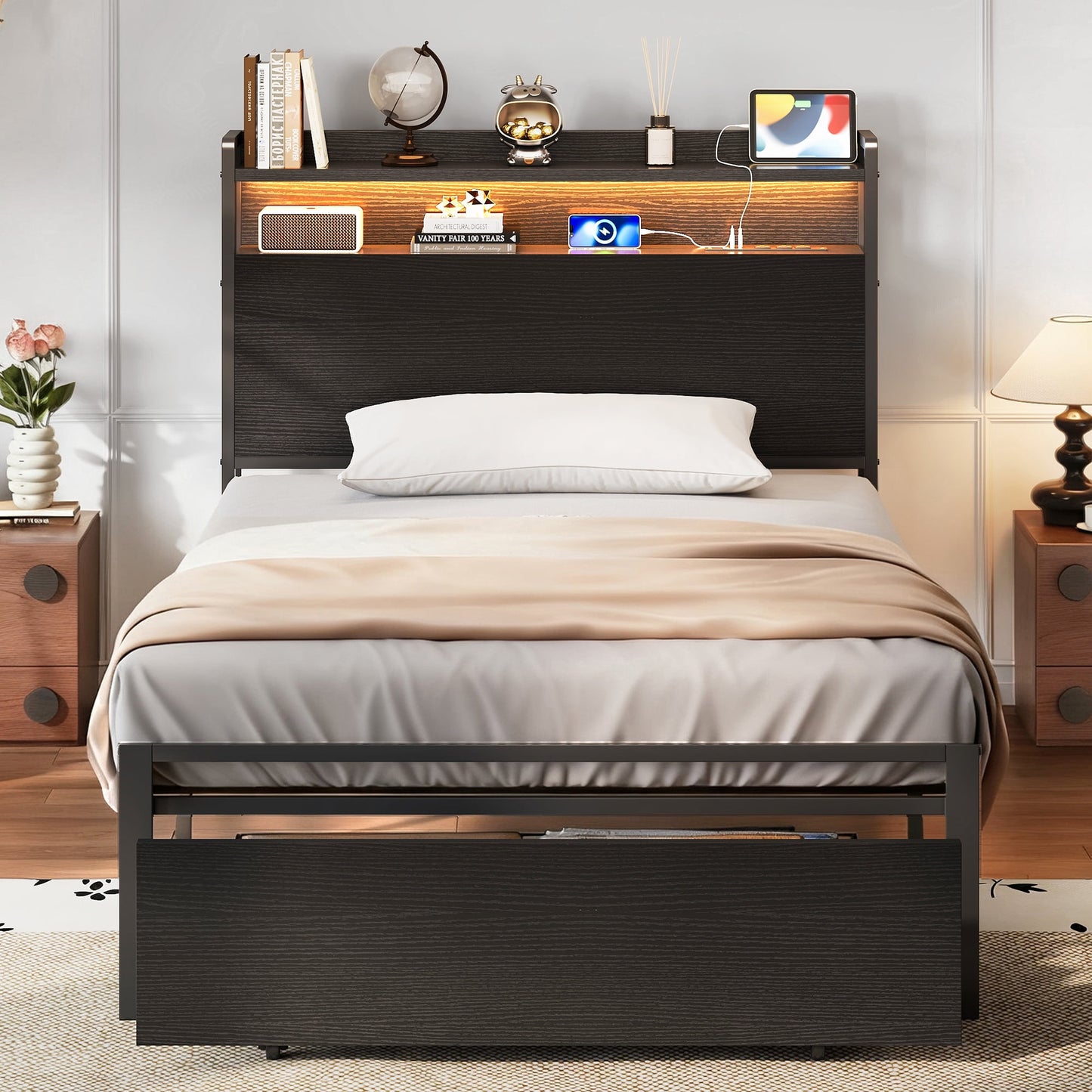 Casacomoda Twin Size Bed Frame with Storage Headboard, Metal Platform Bed Frame with Storage Drawer, Bed Frame with Charging Station & LED Light, No Box Spring Needed, Black