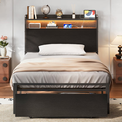 Casacomoda Twin Size Bed Frame with Storage Headboard, Metal Platform Bed Frame with Storage Drawer, Bed Frame with Charging Station & LED Light, No Box Spring Needed, Black