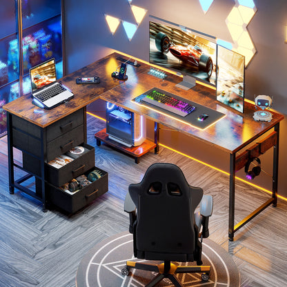 Casacomoda 53″ L-Shaped Desk with Power Outlets & USB, 4 Drawers and Hooks, Reversible Corner Computer Desk for Home Office or Gaming