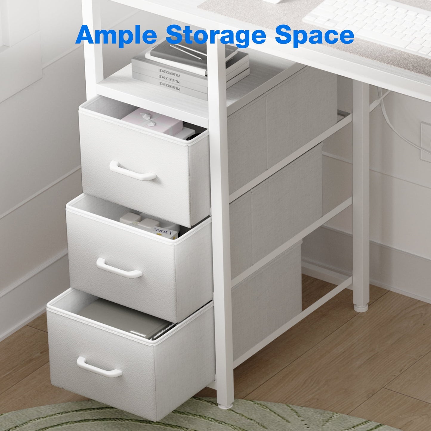 48 inch Computer Desk with Power Outlets, Home Office Desk with 3 Drawers, Writing Desk, Vanity Desk for bedroom, White