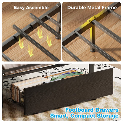 Bed Frame Twin Size with Storage Headboard and Drawer, Upholstered Platform Bed with Charging Station and LED Light, Heavy Duty Frame Support, No Box Spring Needed, Noise Free, Black