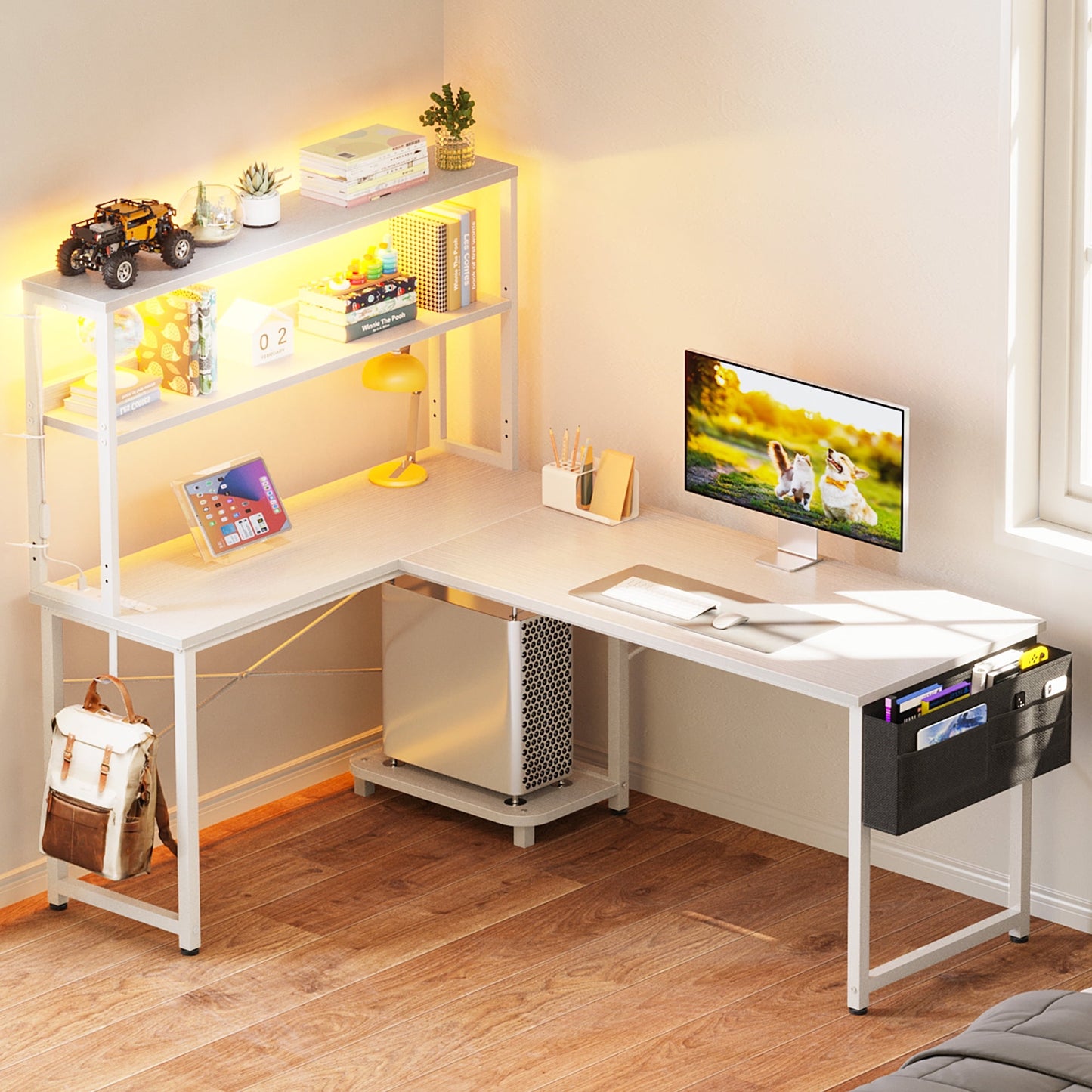 Casacomoda 53 Inch L Shaped Desk with LED Light & Power Outlet, Reversible L Shaped Computer Table with Shelf & Storage Bag & Hook for Home Office, White