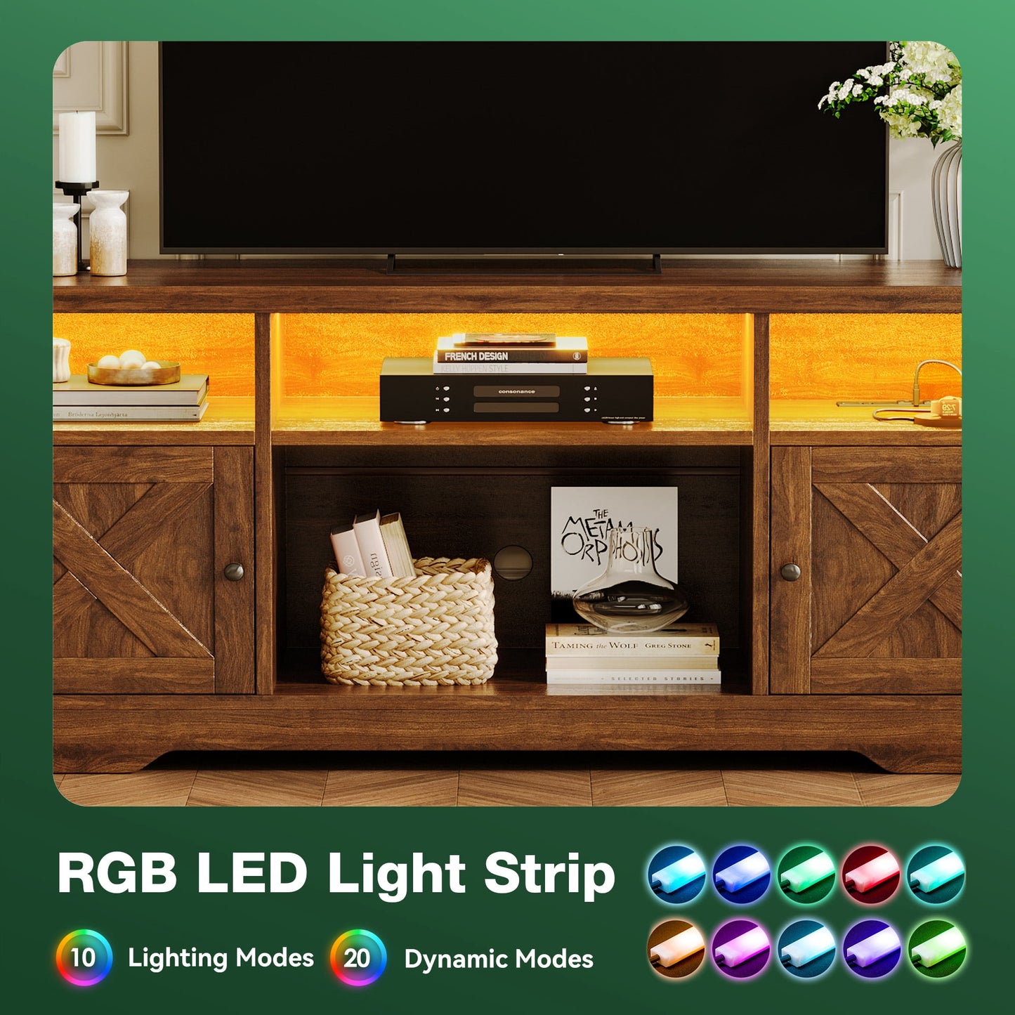 Farmhouse LED TV Stand for 65 Inch TV, Entertainment Center with Power Outlet, Media Console with Storage Cabinets and Shelves, Pure Walnut
