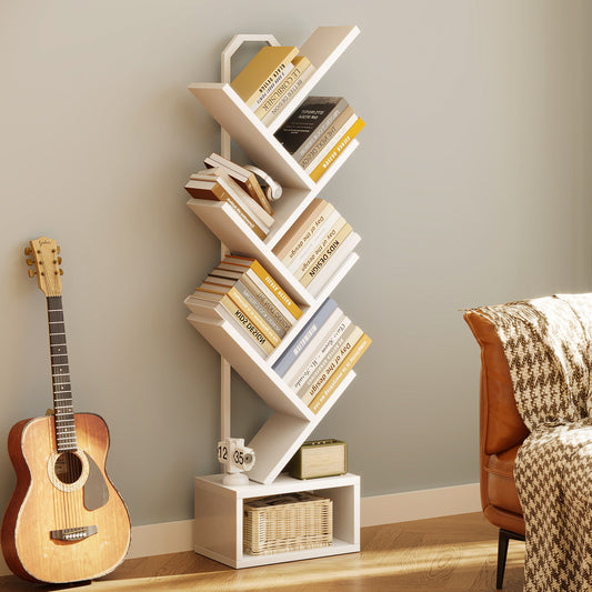 Casacomoda 6-Tier Tree Bookshelf for Corner & Small Space — Narrow Steel & Wood Bookcase, Tall Floor Standing Book Organizer Shelf with Storage Cabinet, Home Decor for Living Room, Bedroom, White