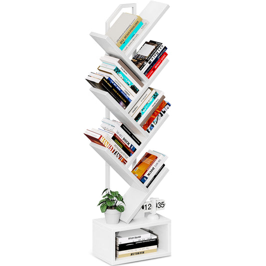 Casacomoda 6-Tier Tree Bookshelf for Corner & Small Space — Narrow Steel & Wood Bookcase, Tall Floor Standing Book Organizer Shelf with Storage Cabinet, Home Decor for Living Room, Bedroom, White